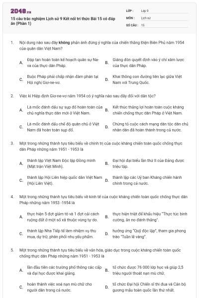 15 câu trắc nghiệm Lịch sử 9 Kết nối tri thức Bài 15 có đáp án (Phần 1)