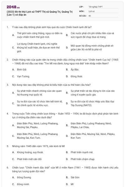 (2023) Đề thi thử Lịch sử THPT Thị xã Quảng Trị, Quảng Trị (Lần 1) có đáp án