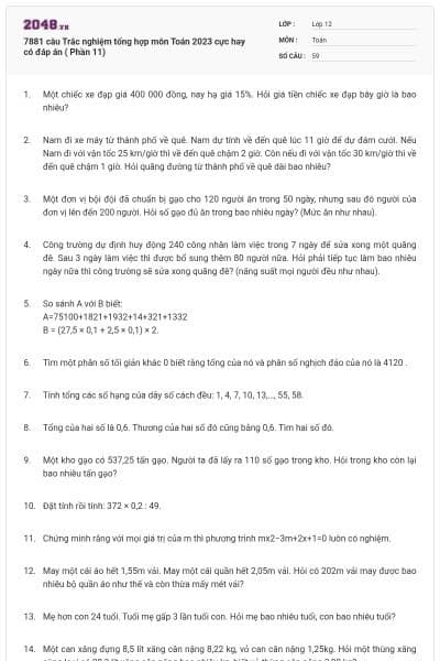7881 câu Trắc nghiệm tổng hợp môn Toán 2023 cực hay có đáp án ( Phần 11)