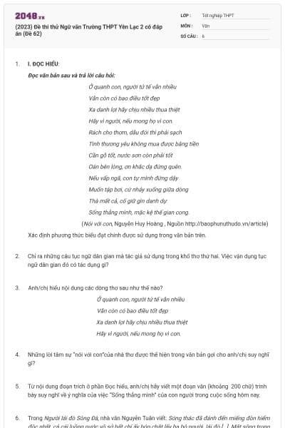(2023) Đề thi thử Ngữ văn Trường THPT Yên Lạc 2 có đáp án (Đề 62)