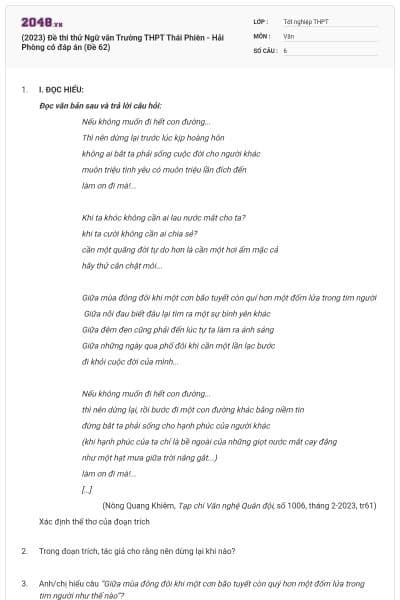 (2023) Đề thi thử Ngữ văn Trường THPT Thái Phiên - Hải Phòng có đáp án (Đề 62)