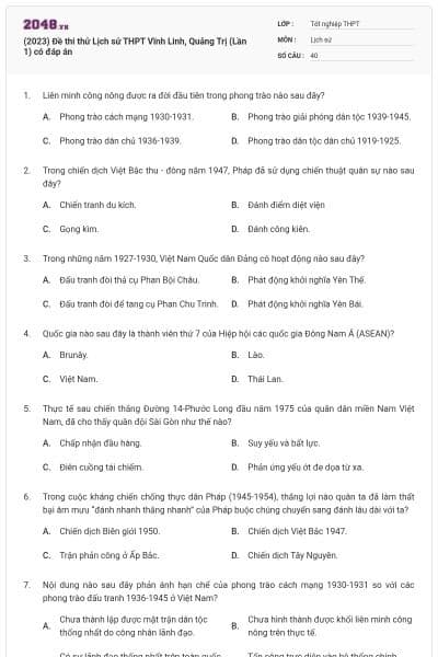 (2023) Đề thi thử Lịch sử THPT Vĩnh Linh, Quảng Trị (Lần 1) có đáp án
