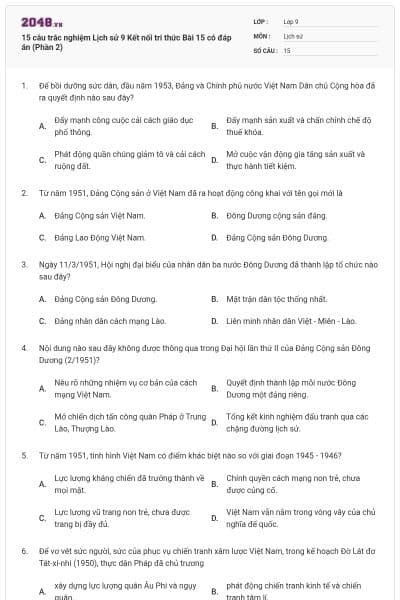 15 câu trắc nghiệm Lịch sử 9 Kết nối tri thức Bài 15 có đáp án (Phần 2)