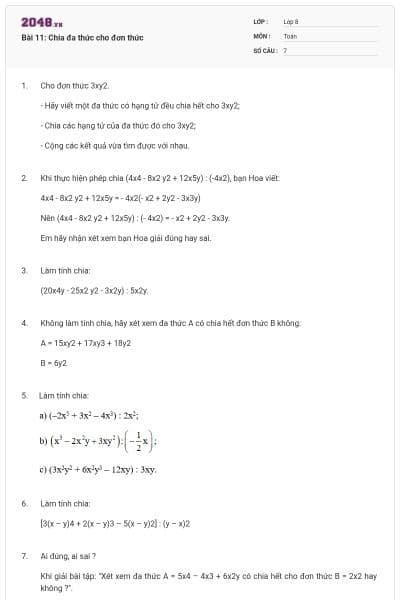 Bài 11: Chia đa thức cho đơn thức