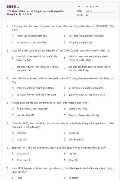 (2023) Đề thi thử Lịch sử Sở giáo dục và đào tạo Kiên Giang (Lần 1) có đáp án