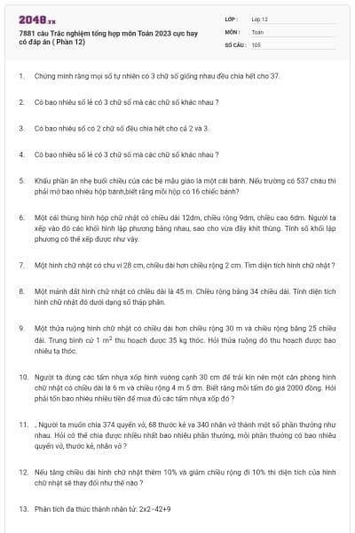 7881 câu  Trắc nghiệm tổng hợp môn Toán 2023 cực hay có đáp án ( Phần 12)