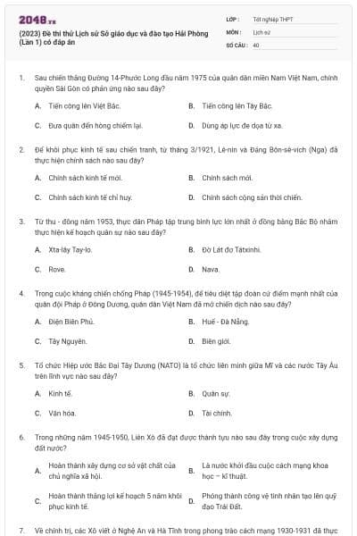 (2023) Đề thi thử Lịch sử Sở giáo dục và đào tạo Hải Phòng (Lần 1) có đáp án
