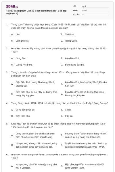 15 câu trắc nghiệm Lịch sử 9 Kết nối tri thức Bài 15 có đáp án (Phần 4)