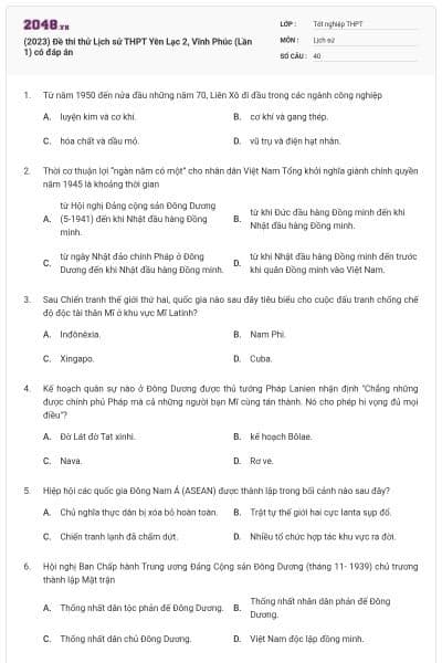 (2023) Đề thi thử Lịch sử THPT Yên Lạc 2, Vĩnh Phúc (Lần 1) có đáp án