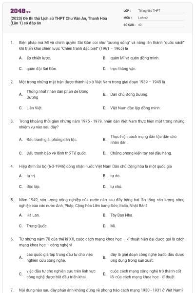 (2023) Đề thi thử Lịch sử THPT Chu Văn An, Thanh Hóa (Lần 1) có đáp án
