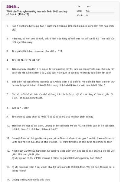7881 câu  Trắc nghiệm tổng hợp môn Toán 2023 cực hay có đáp án ( Phần 13)