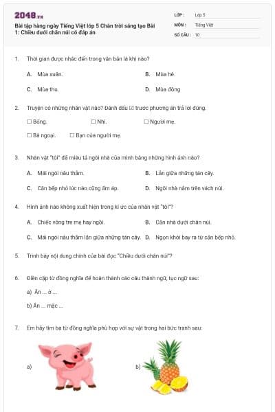 Bài tập hàng ngày Tiếng Việt lớp 5 Chân trời sáng tạo Bài 1: Chiều dưới chân núi có đáp án