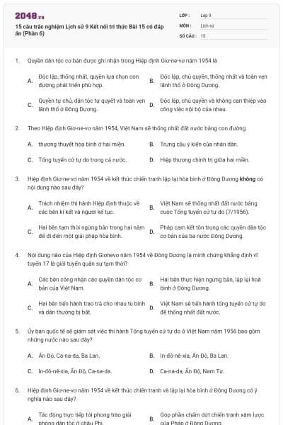 15 câu trắc nghiệm Lịch sử 9 Kết nối tri thức Bài 15 có đáp án (Phần 6)