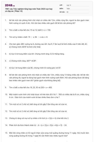 7881 câu Trắc nghiệm tổng hợp môn Toán 2023 cực hay có đáp án ( Phần 14)