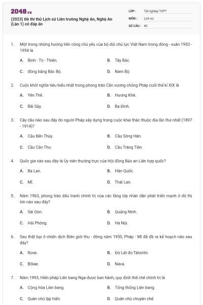 (2023) Đề thi thử Lịch sử Liên trường Nghệ An, Nghệ An (Lần 1) có đáp án