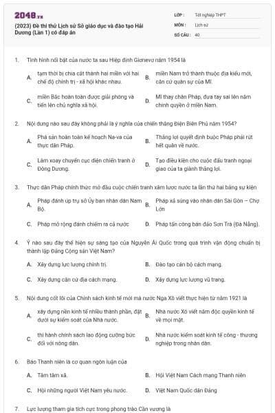 (2023) Đề thi thử Lịch sử Sở giáo dục và đào tạo Hải Dương (Lần 1) có đáp án