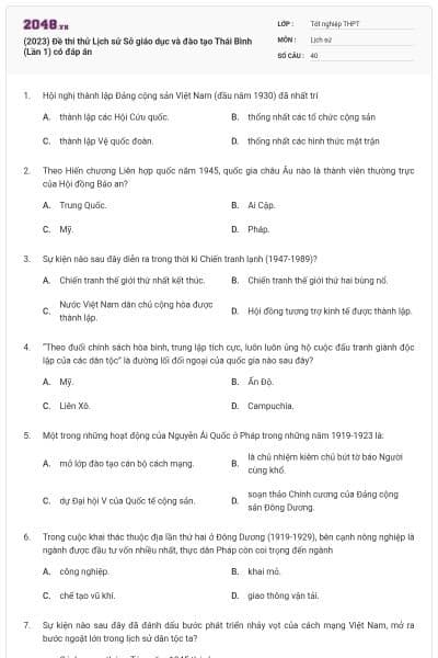 (2023) Đề thi thử Lịch sử Sở giáo dục và đào tạo Thái Bình (Lần 1) có đáp án