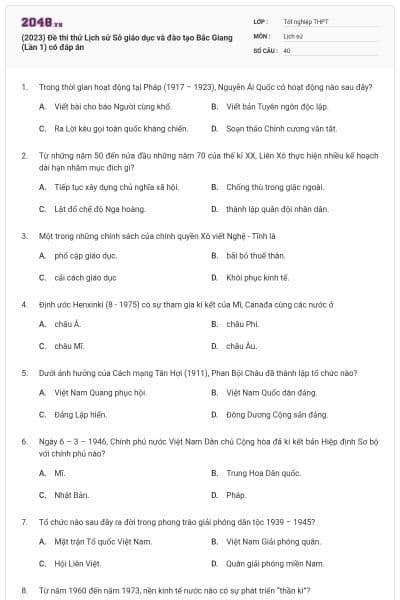 (2023) Đề thi thử Lịch sử Sở giáo dục và đào tạo Bắc Giang (Lần 1) có đáp án