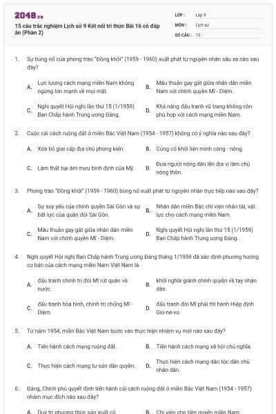 15 câu trắc nghiệm Lịch sử 9 Kết nối tri thức Bài 16 có đáp án (Phần 2)