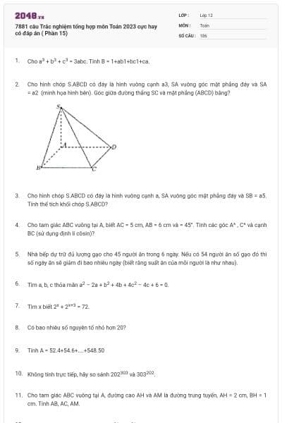 7881 câu  Trắc nghiệm tổng hợp môn Toán 2023 cực hay có đáp án ( Phần 15)