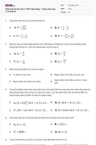 (2023) Đề thi thử Vật Lí THPT Hàm Rồng - Thanh Hóa (Lần 1) có đáp án