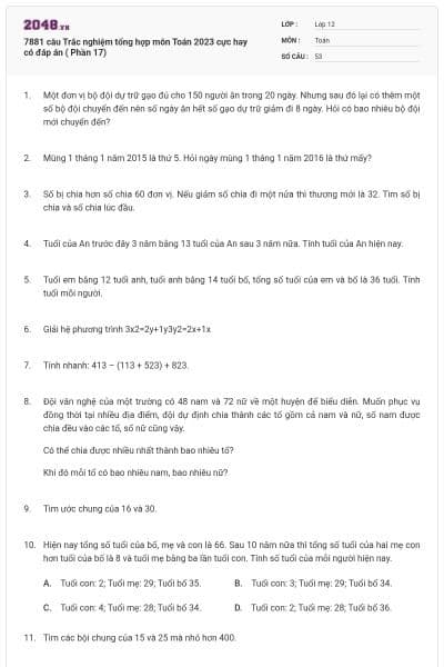 7881 câu Trắc nghiệm tổng hợp môn Toán 2023 cực hay có đáp án ( Phần 17)