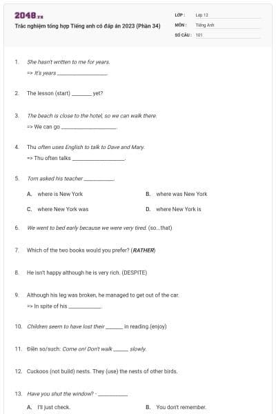 Trắc nghiệm tổng hợp Tiếng anh có đáp án 2023 (Phần 34)