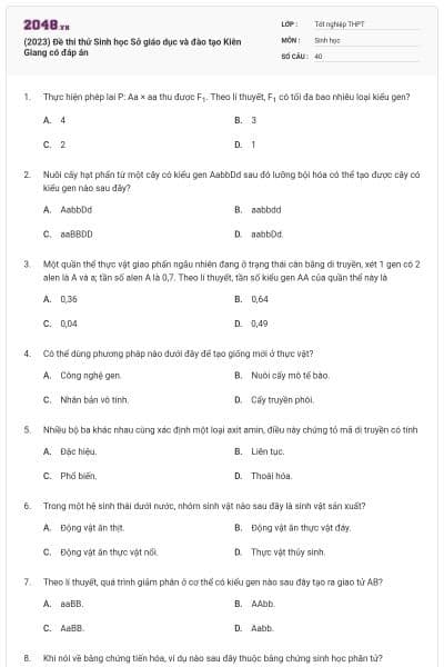 (2023) Đề thi thử Sinh học Sở giáo dục và đào tạo Kiên Giang có đáp án