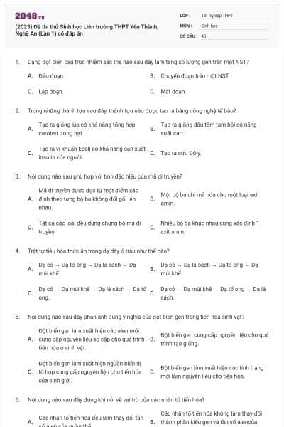 (2023) Đề thi thử Sinh học Liên trường THPT Yên Thành, Nghệ An (Lần 1) có đáp án