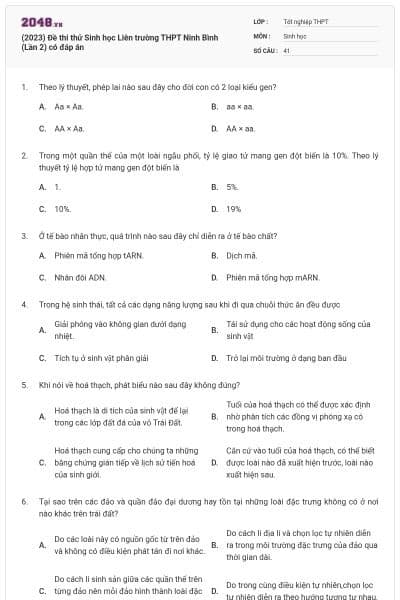 (2023) Đề thi thử Sinh học Liên trường THPT Ninh Bình (Lần 2) có đáp án