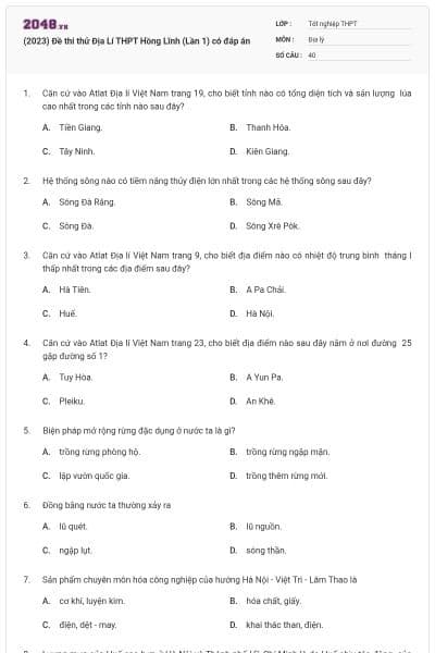 (2023) Đề thi thử Địa Lí THPT Hồng Lĩnh (Lần 1) có đáp án