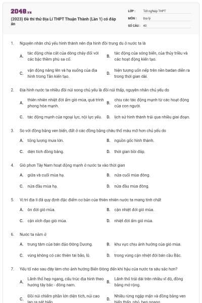 (2023) Đề thi thử Địa Lí THPT Thuận Thành (Lần 1) có đáp án
