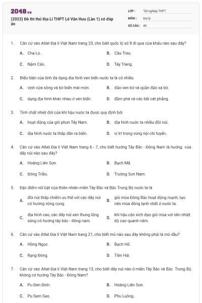 (2023) Đề thi thử Địa Lí THPT Lê Văn Hưu (Lần 1) có đáp án