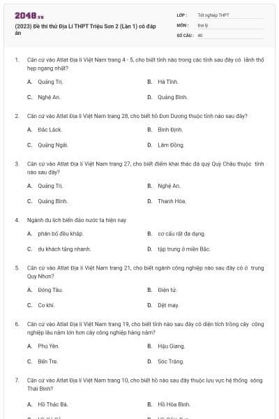 (2023) Đề thi thử Địa Lí THPT Triệu Sơn 2 (Lần 1) có đáp án