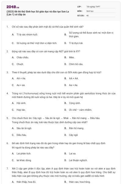 (2023) Đề thi thử Sinh học Sở giáo dục và đào tạo Sơn La (Lần 1) có đáp án