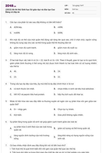 (2023) Đề thi thử Sinh học Sở giáo dục và đào tạo Cao Bằng có đáp án