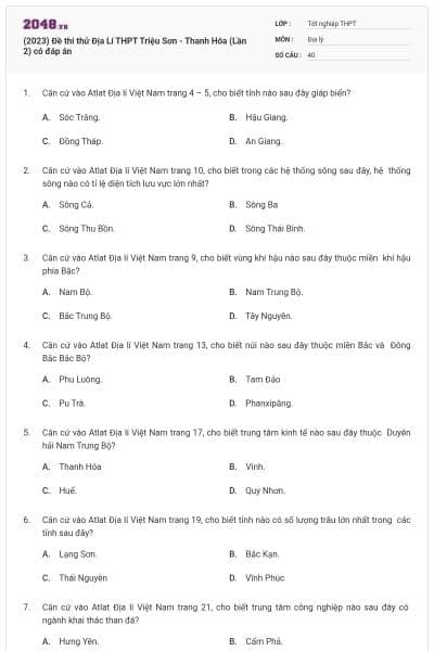 (2023) Đề thi thử Địa Lí THPT Triệu Sơn - Thanh Hóa (Lần 2) có đáp án