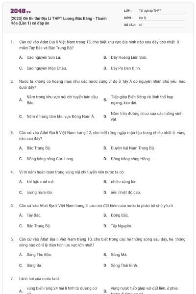(2023) Đề thi thử Địa Lí THPT Lương Đắc Bằng - Thanh Hóa (Lần 1) có đáp án