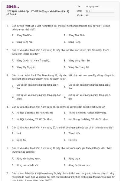 (2023) Đề thi thử Địa Lí THPT Lê Xoay - Vĩnh Phúc (Lần 1) có đáp án