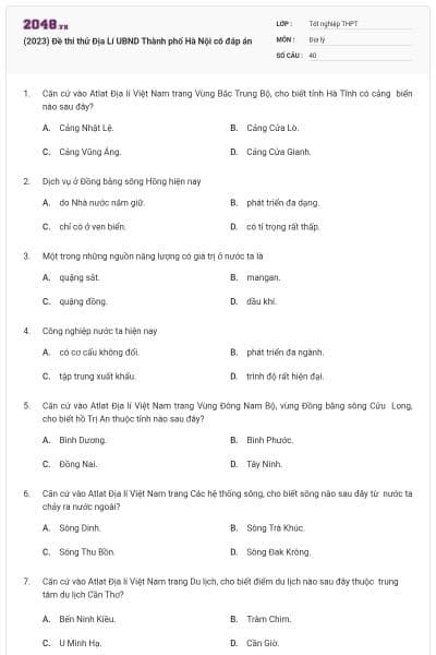 (2023) Đề thi thử Địa Lí UBND Thành phố Hà Nội có đáp án