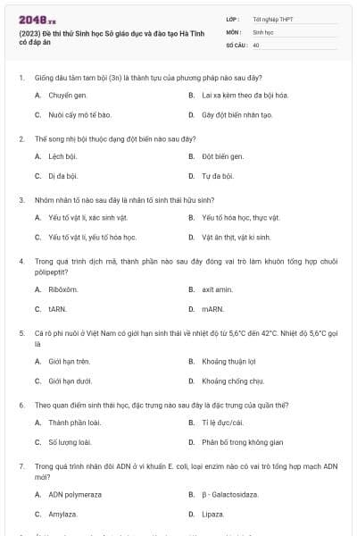 (2023) Đề thi thử Sinh học Sở giáo dục và đào tạo Hà Tĩnh có đáp án