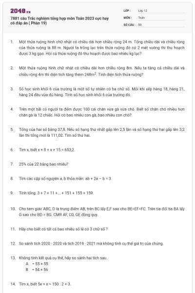 7881 câu  Trắc nghiệm tổng hợp môn Toán 2023 cực hay có đáp án ( Phần 19)