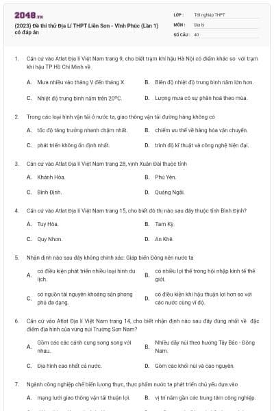 (2023) Đề thi thử Địa Lí THPT Liễn Sơn - Vĩnh Phúc (Lần 1) có đáp án