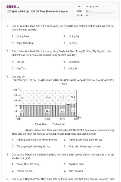 (2023) Đề thi thử Địa Lí Sở GD Thừa Thiên Huế có đáp án