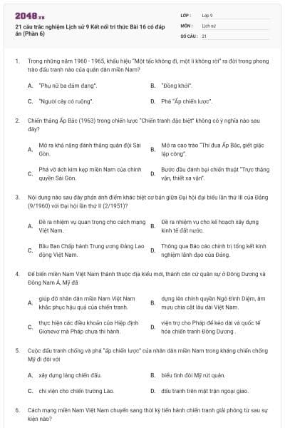 21 câu trắc nghiệm Lịch sử 9 Kết nối tri thức Bài 16 có đáp án (Phần 6)