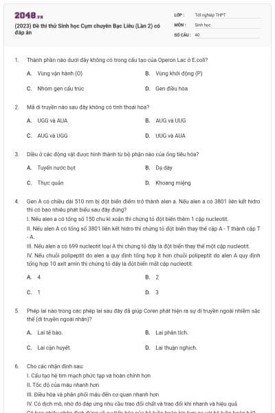 (2023) Đề thi thử Sinh học Cụm chuyên Bạc Liêu (Lần 2) có đáp án