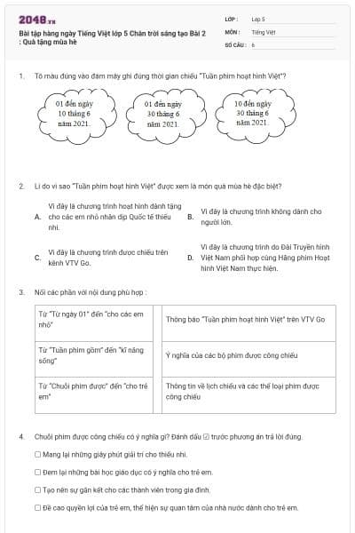 Bài tập hàng ngày Tiếng Việt lớp 5 Chân trời sáng tạo Bài 2 :  Quà tặng mùa hè