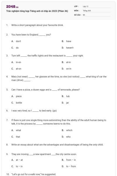 Trắc nghiệm tổng hợp Tiếng anh có đáp án 2023 (Phần 36)