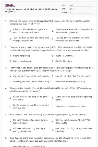 15 câu trắc nghiệm Lịch sử 9 Kết nối tri thức Bài 17 có đáp án (Phần 1)