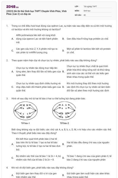 (2023) Đề thi thử Sinh học THPT Chuyên Vĩnh Phúc, Vĩnh Phúc (Lần 2) có đáp án